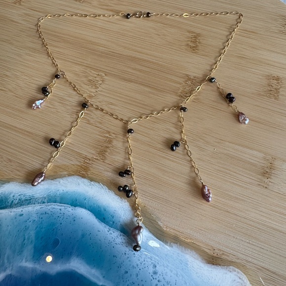 cheeky Jewelry - Gold Chain Necklace with Pink Lavender keshi pearls and chrome Keshi drops